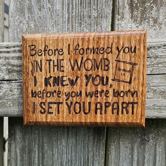 Mini oak plaque from reclaimed pallet hardwood displaying Bible verse Jeremiah 1:5 - Christian gift ideas, scripture wall art