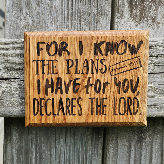 Mini oak plaque from reclaimed pallet hardwood displaying Bible verse Jeremiah 29:11 - Christian gift ideas, scripture wall art