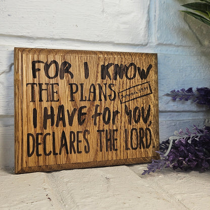 Mini oak plaque from reclaimed pallet hardwood displaying Bible verse Jeremiah 29:11 - Christian gift ideas, scripture wall art