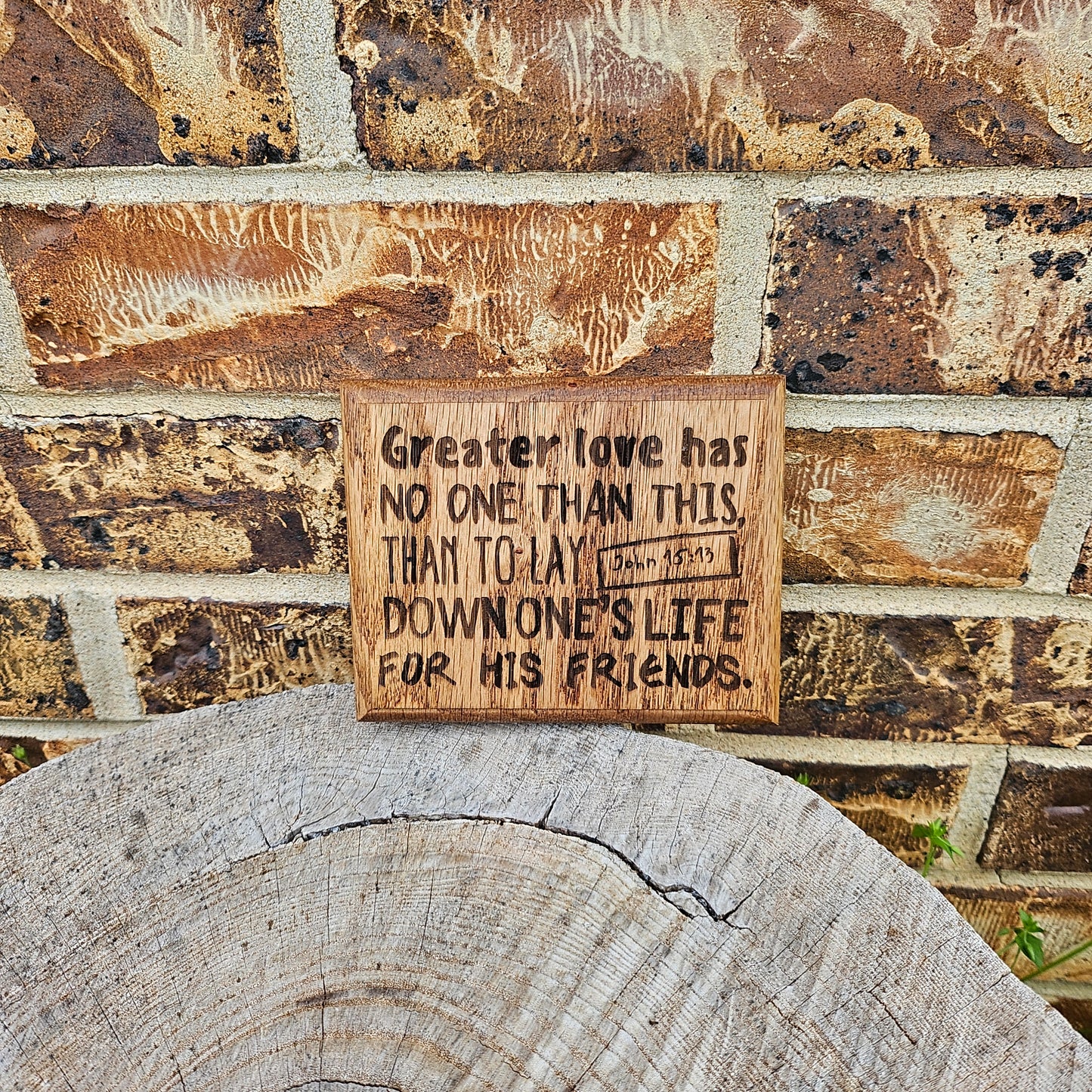 Mini oak plaque from reclaimed pallet hardwood displaying Bible verse John 15:13 - Christian gift ideas, scripture wall art