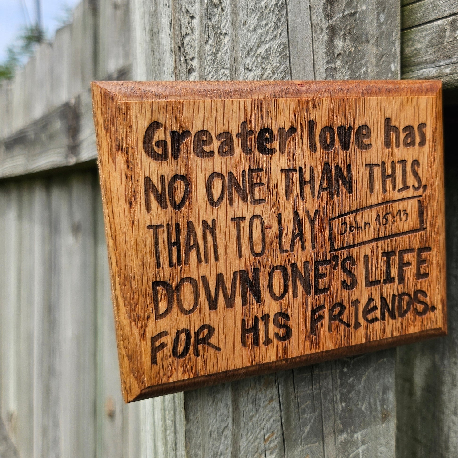 Mini oak plaque from reclaimed pallet hardwood displaying Bible verse John 15:13 - Christian gift ideas, scripture wall art