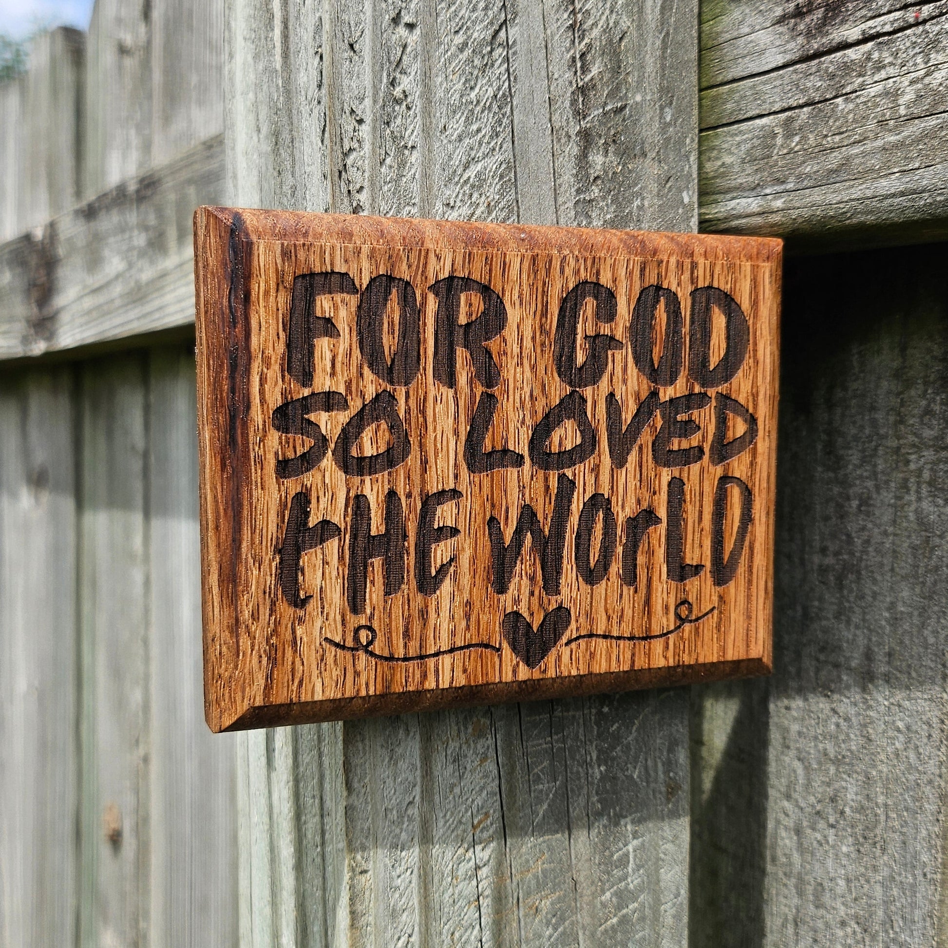 Mini oak plaque from reclaimed pallet hardwood displaying Bible verse John 3:16 - Christian gift ideas, scripture wall art