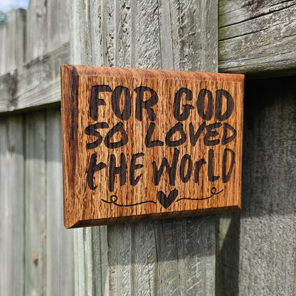 Mini oak plaque from reclaimed pallet hardwood displaying Bible verse John 3:16 - Christian gift ideas, scripture wall art