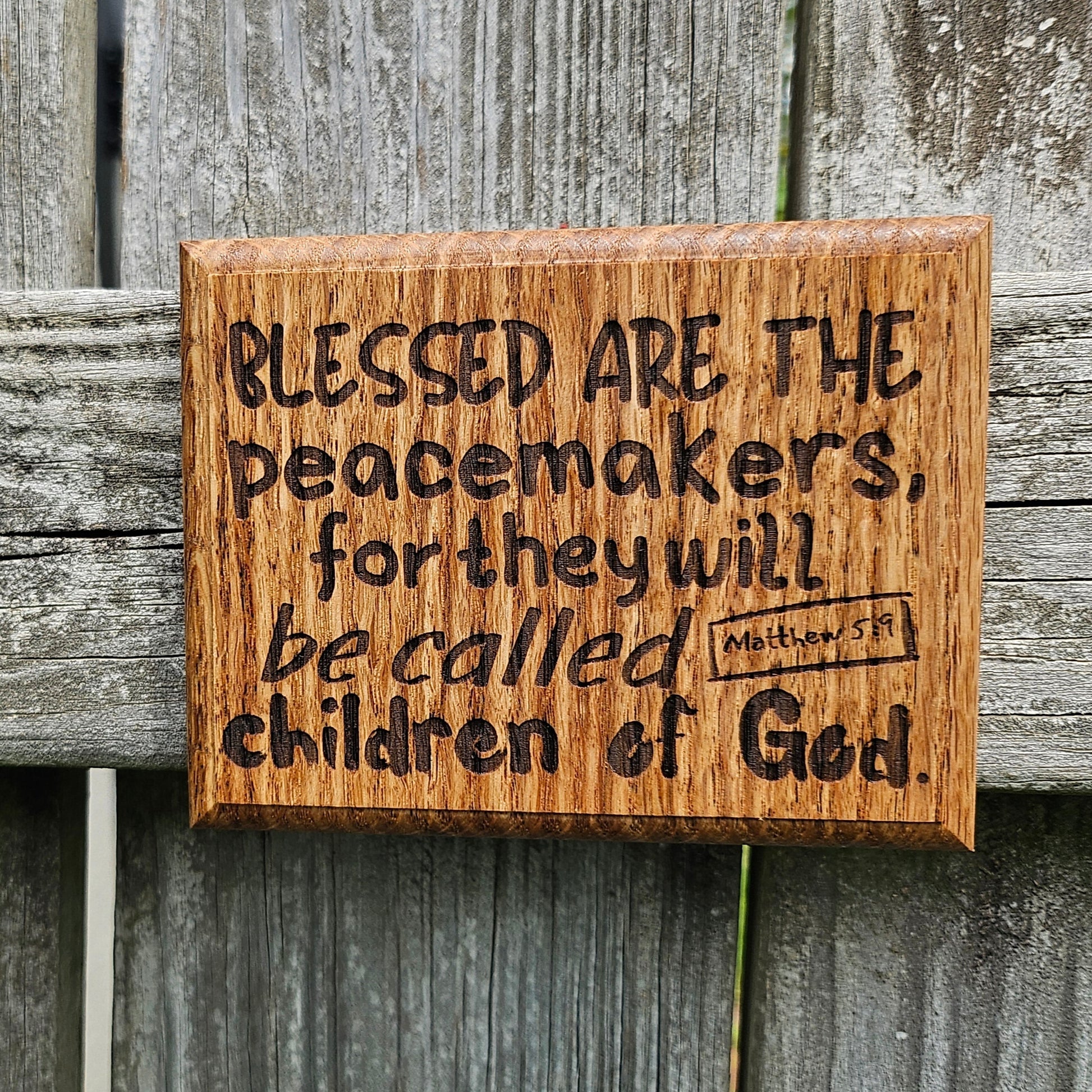 Mini oak plaque from reclaimed pallet hardwood displaying Bible verse Matthew 5:9 - Christian gift ideas, scripture wall art