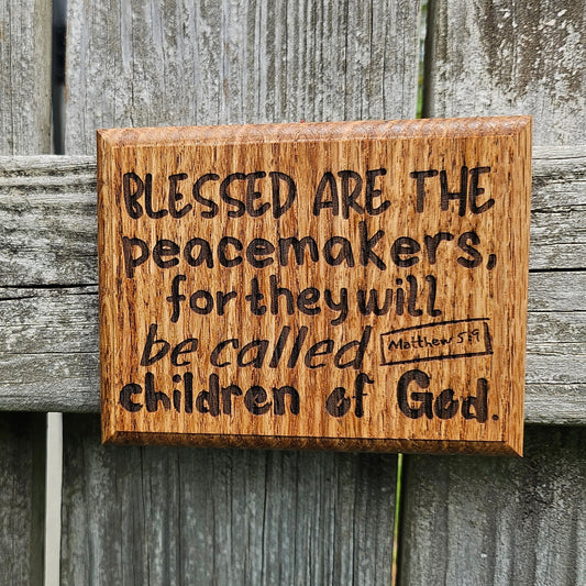 Mini oak plaque from reclaimed pallet hardwood displaying Bible verse Matthew 5:9 - Christian gift ideas, scripture wall art