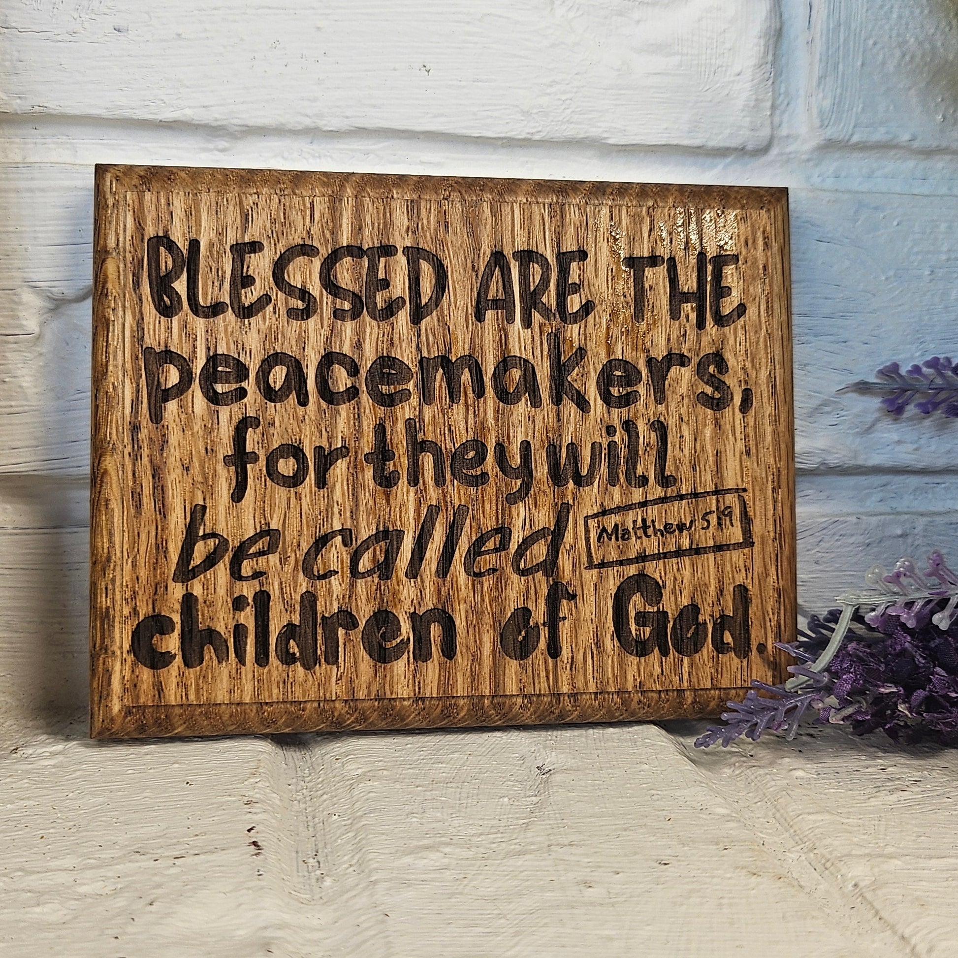 Mini oak plaque from reclaimed pallet hardwood displaying Bible verse Matthew 5:9 - Christian gift ideas, scripture wall art
