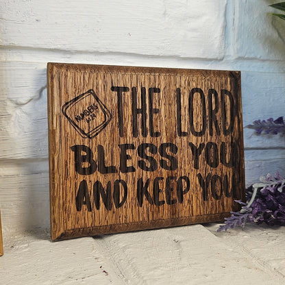 Mini oak plaque from reclaimed pallet hardwood displaying Bible verse Numbers 6:24 - Christian gift ideas, scripture wall art