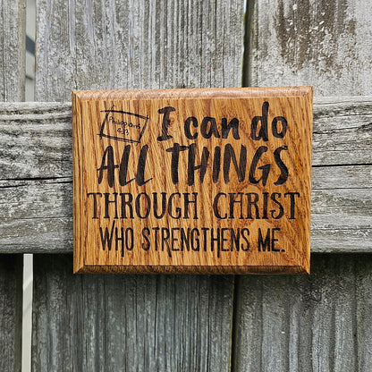 Mini oak plaque from reclaimed pallet hardwood displaying Bible verse Philippians 4:13 - Christian gift ideas, scripture wall art
