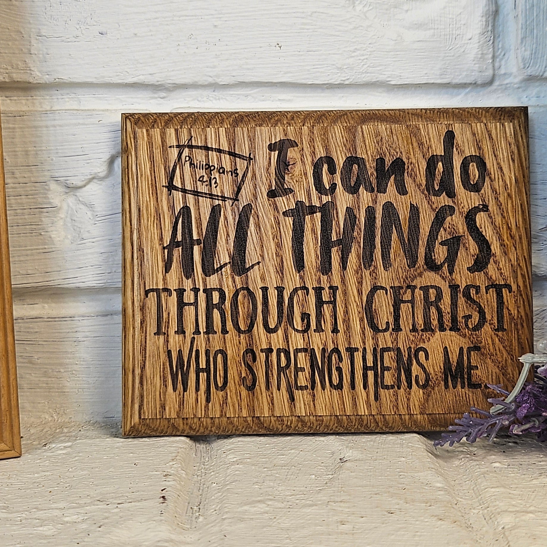 Mini oak plaque from reclaimed pallet hardwood displaying Bible verse Philippians 4:13 - Christian gift ideas, scripture wall art