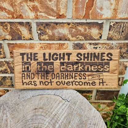 14 inch wood Slice of Scripture reclaimed pallet wood Bible verse wall art displaying John 1:5- Christian decorative art home decor