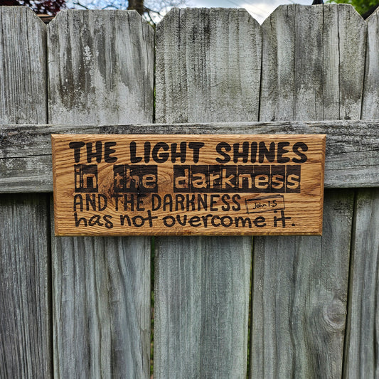 14 inch wood Slice of Scripture reclaimed pallet wood Bible verse wall art displaying John 1:5 - Christian decorative art home decor