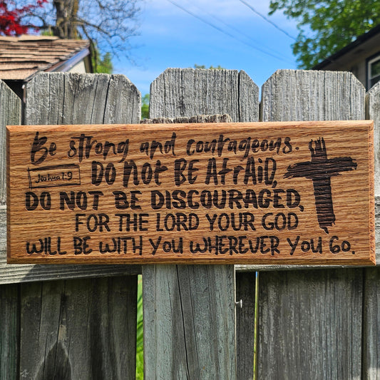14 inch wood Slice of Scripture reclaimed pallet wood Bible verse wall art displaying Joshua 1:9- Christian decorative art home decor