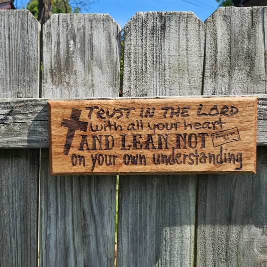 14 inch wood Slice of Scripture reclaimed pallet wood Bible verse wall art displaying Proverbs 3:5- Christian decorative art home decor
