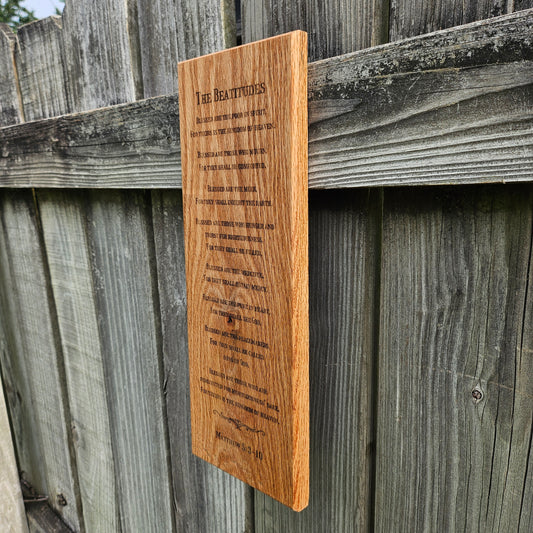 14 inch wood Slice of Scripture reclaimed pallet wood Bible verse wall art displaying the Beatitudes - Christian decorative art home decor