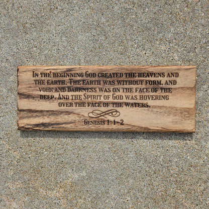 14 inch wood Slice of Scripture reclaimed pallet wood Bible verse wall art displaying Genesis 1:1-2- Christian decorative art home decor