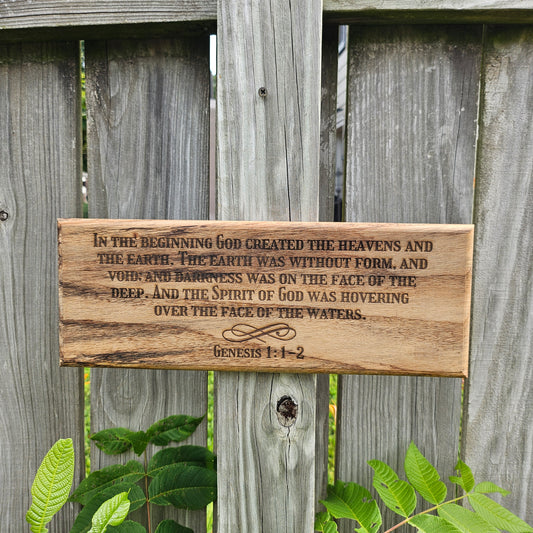 14 inch wood Slice of Scripture reclaimed pallet wood Bible verse wall art displaying Genesis 1:1-2 - Christian decorative art home decor