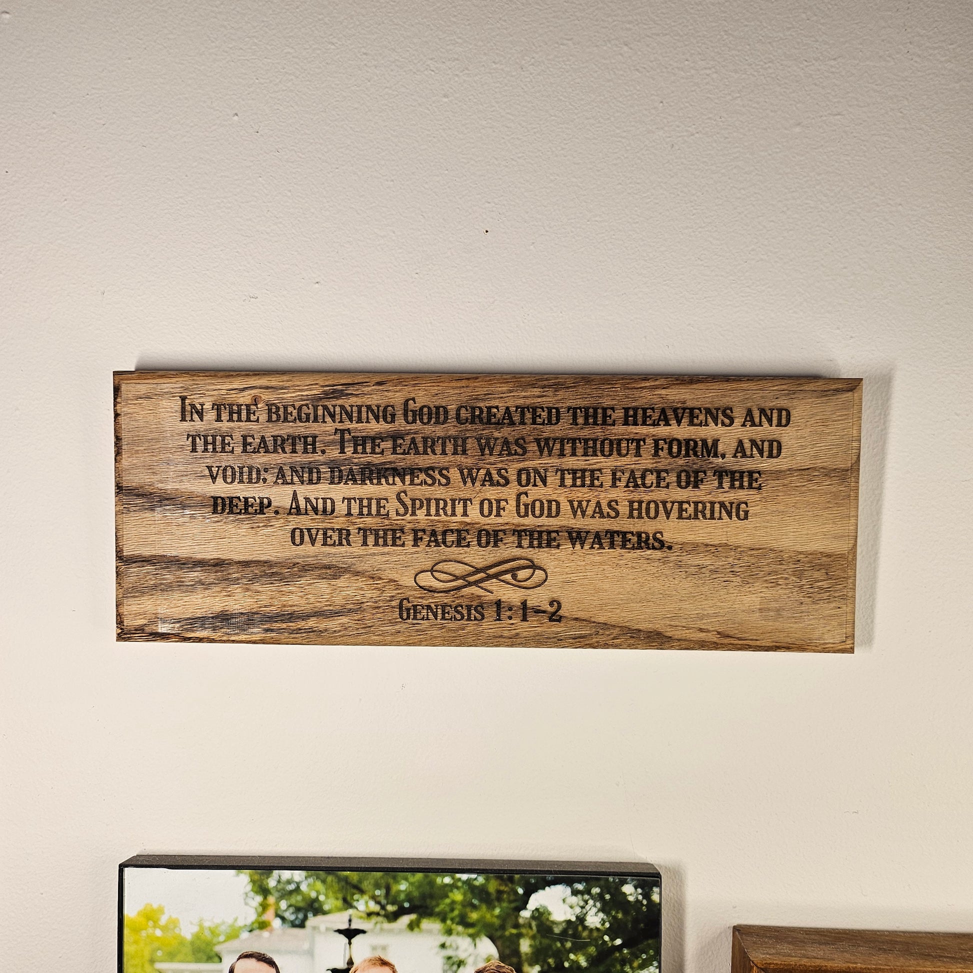 14 inch wood Slice of Scripture reclaimed pallet wood Bible verse wall art displaying Genesis 1:1-2 - Christian decorative art home decor