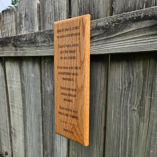 14 inch wood Slice of Scripture reclaimed pallet wood Bible verse wall art displaying Joel 2:28 - Christian decorative art home decor