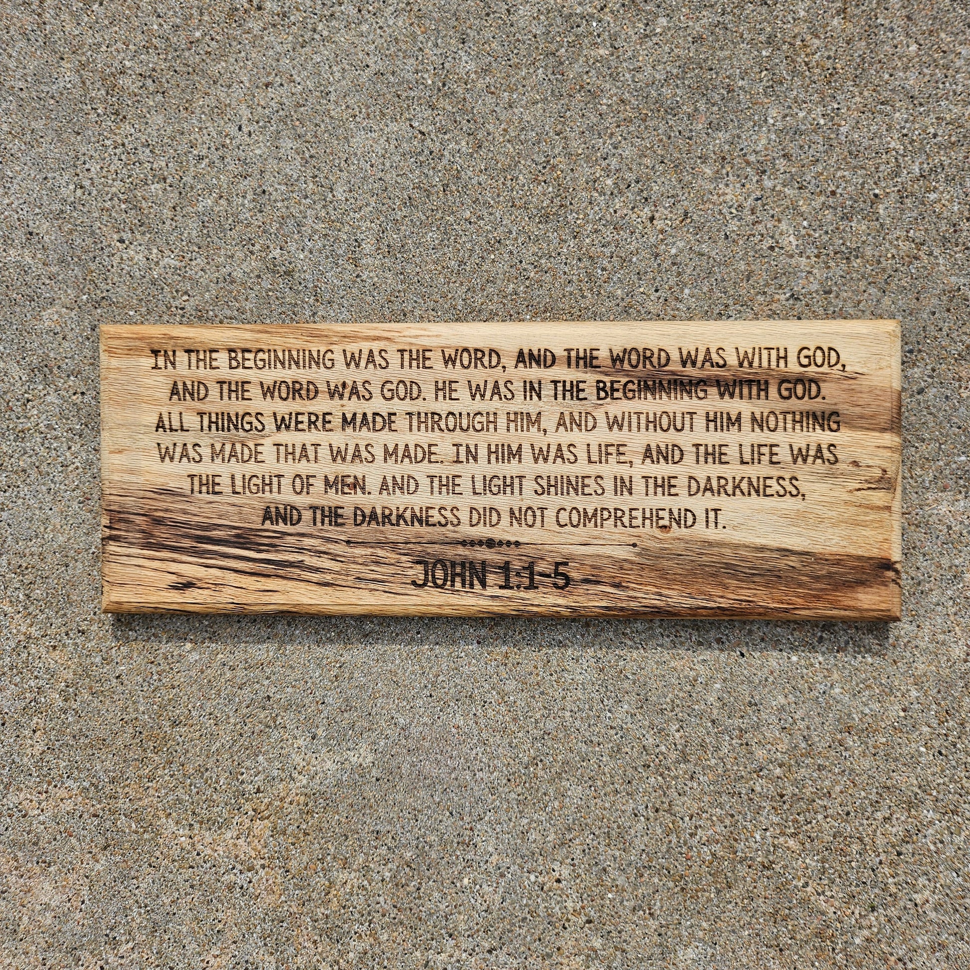 14 inch wood Slice of Scripture reclaimed pallet wood Bible verse wall art displaying John 1:1-5- Christian decorative art home decor