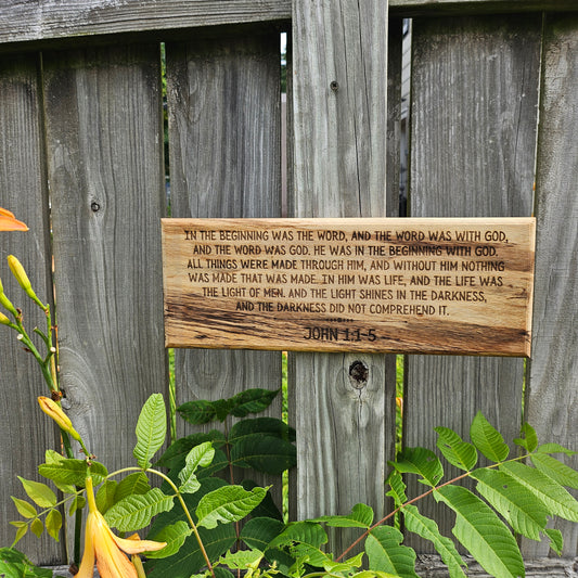 14 inch wood Slice of Scripture reclaimed pallet wood Bible verse wall art displaying John 1:1-5 - Christian decorative art home decor