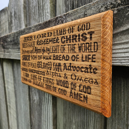 12 inch wood Slice of Scripture reclaimed pallet wood Bible verse wall art displaying the many names of the Lord - Christian decorative art home decor