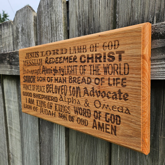 14 inch wood Slice of Scripture reclaimed pallet wood Bible verse wall art displaying the many names of the Lord - Christian decorative art home decor