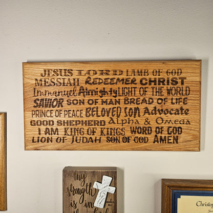 14 inch wood Slice of Scripture reclaimed pallet wood Bible verse wall art displaying the many names of the Lord - Christian decorative art home decor