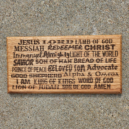 12 inch wood Slice of Scripture reclaimed pallet wood Bible verse wall art displaying the many names of the Lord - Christian decorative art home decor