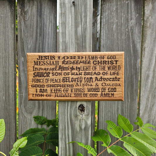 12 inch wood Slice of Scripture reclaimed pallet wood Bible verse wall art displaying the many names of the Lord - Christian decorative art home decor