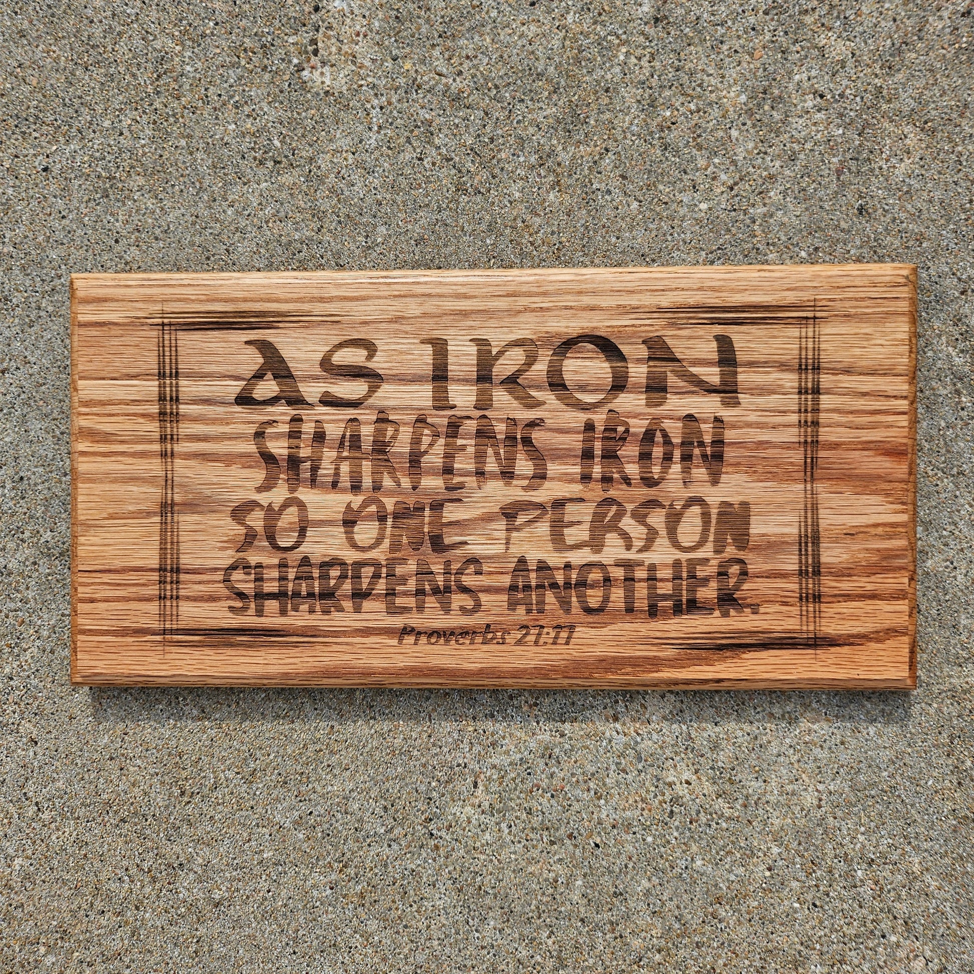14 inch wood Slice of Scripture reclaimed pallet wood Bible verse wall art displaying Proverbs 27:17 - Christian decorative art home decor