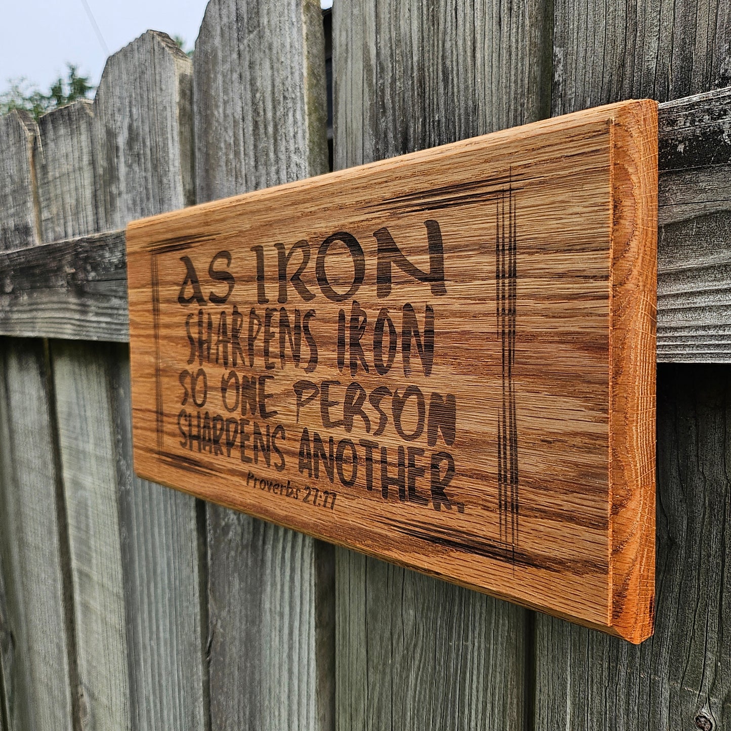 14 inch wood Slice of Scripture reclaimed pallet wood Bible verse wall art displaying Proverbws 27:17 - Christian decorative art home decor