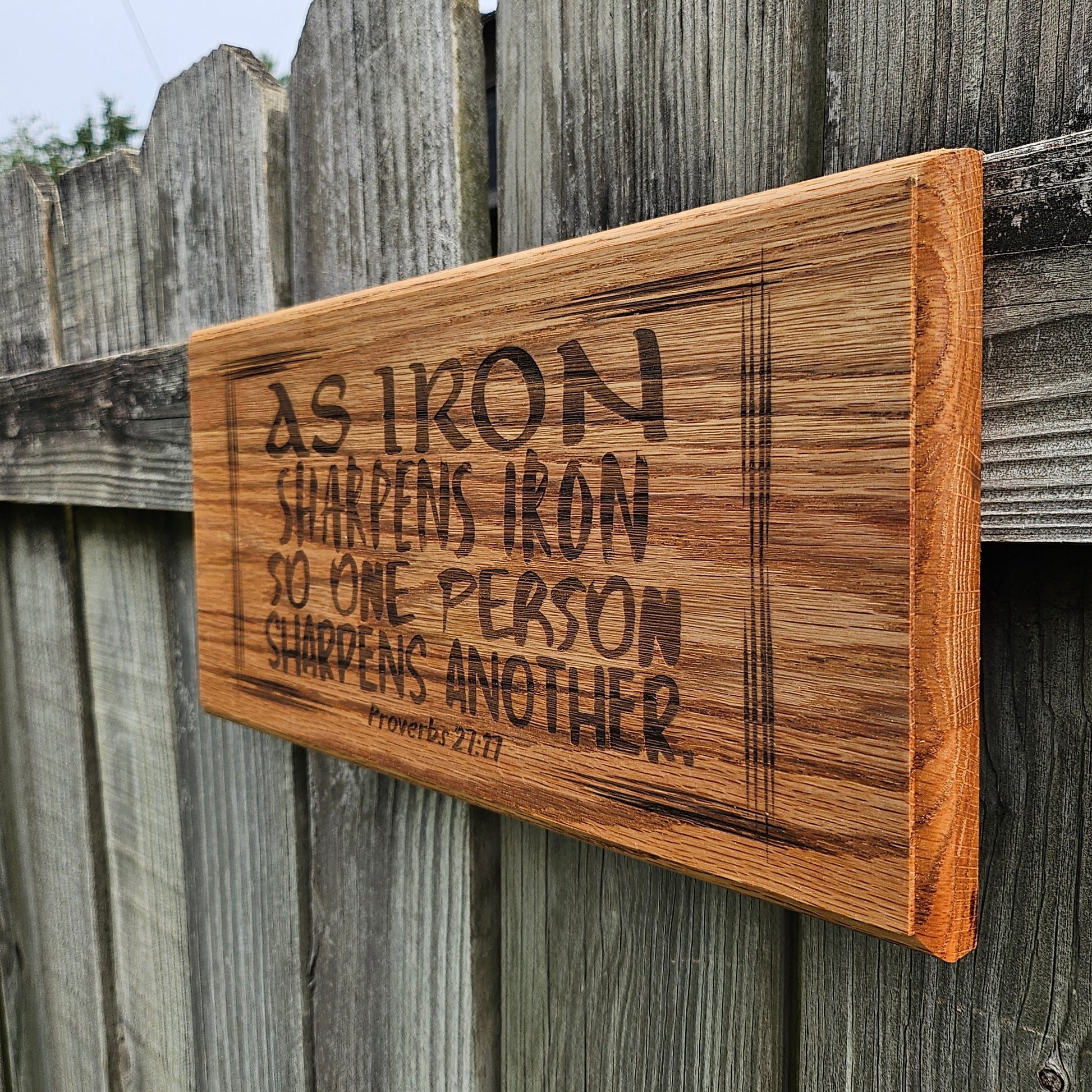 14 inch wood Slice of Scripture reclaimed pallet wood Bible verse wall art displaying Proverbws 27:17 - Christian decorative art home decor