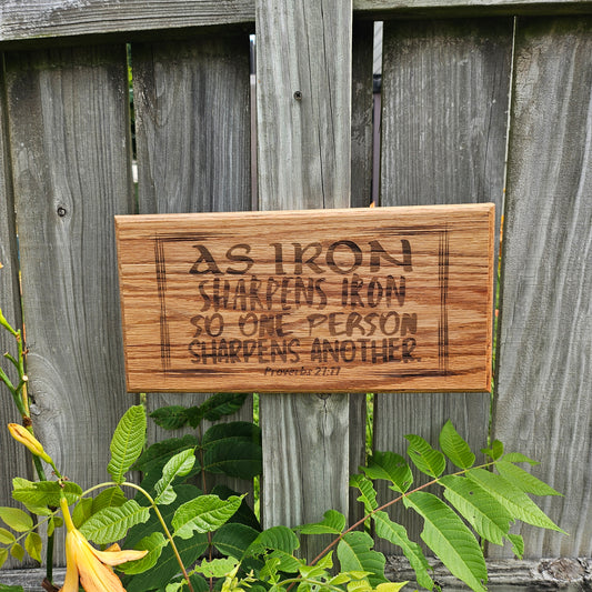 14 inch wood Slice of Scripture reclaimed pallet wood Bible verse wall art displaying Proverbs 27:17 - Christian decorative art home decor