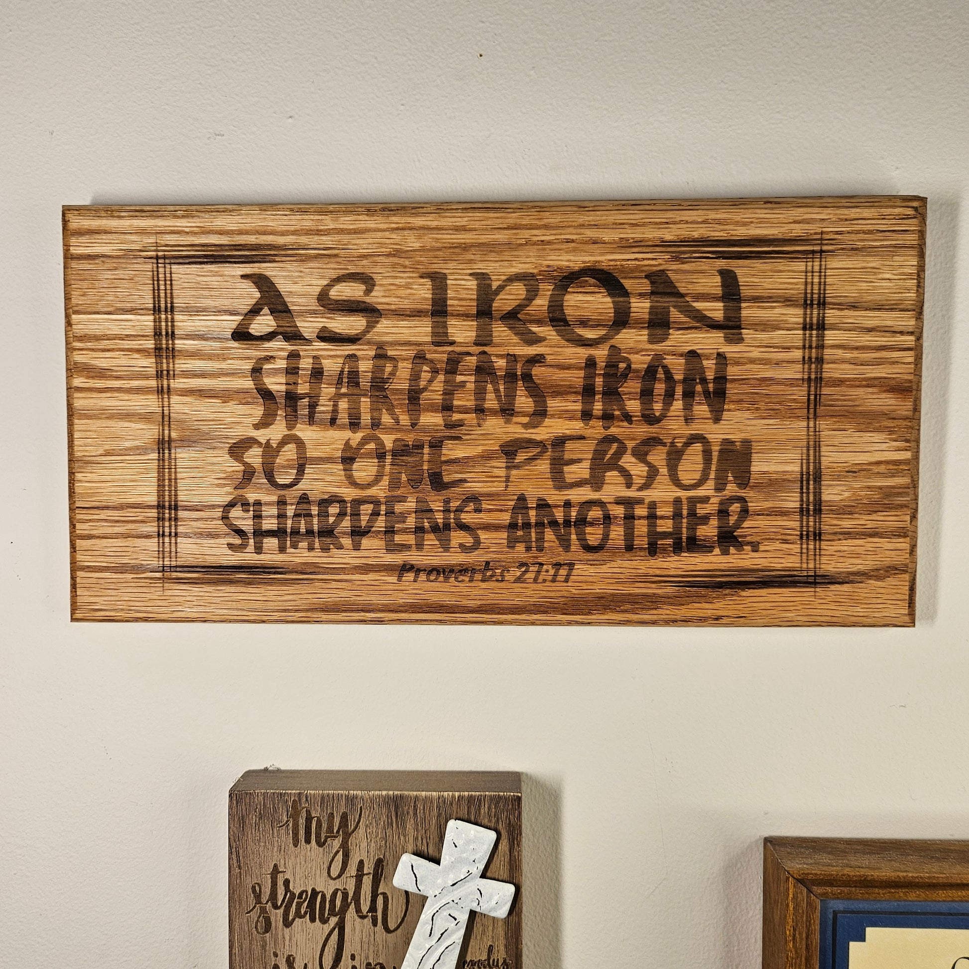 14 inch wood Slice of Scripture reclaimed pallet wood Bible verse wall art displaying Proverbs 27:17 - Christian decorative art home decor
