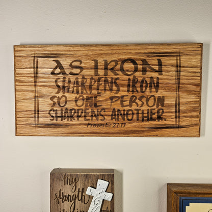 14 inch wood Slice of Scripture reclaimed pallet wood Bible verse wall art displaying Proverbs 27:17 - Christian decorative art home decor