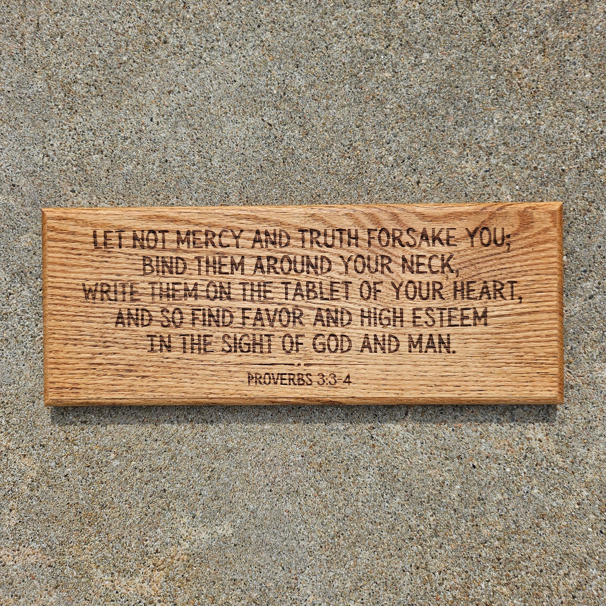 14 inch wood Slice of Scripture reclaimed pallet wood Bible verse wall art displaying Proverbs 3:3-4 - Christian decorative art home decor