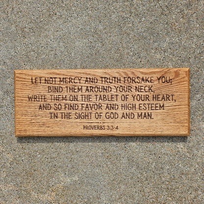 14 inch wood Slice of Scripture reclaimed pallet wood Bible verse wall art displaying Proverbs 3:3-4 - Christian decorative art home decor