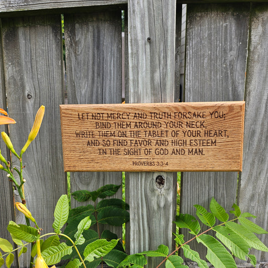 14 inch wood Slice of Scripture reclaimed pallet wood Bible verse wall art displaying Proverbs 3:3-4 - Christian decorative art home decor
