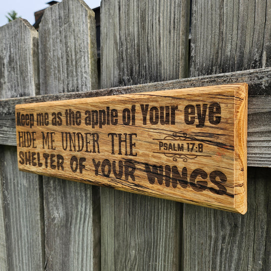 14 inch wood Slice of Scripture reclaimed pallet wood Bible verse wall art displaying Psalm 17:8 - Christian decorative art home decor