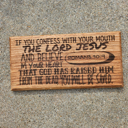 14 inch wood Slice of Scripture reclaimed pallet wood Bible verse wall art displaying Romans 10:9 - Christian decorative art home decor