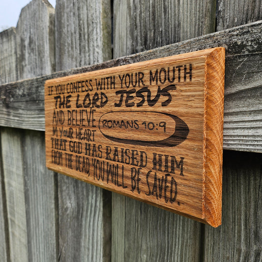 12 inch wood Slice of Scripture reclaimed pallet wood Bible verse wall art displaying Romans 10:9 - Christian decorative art home decor