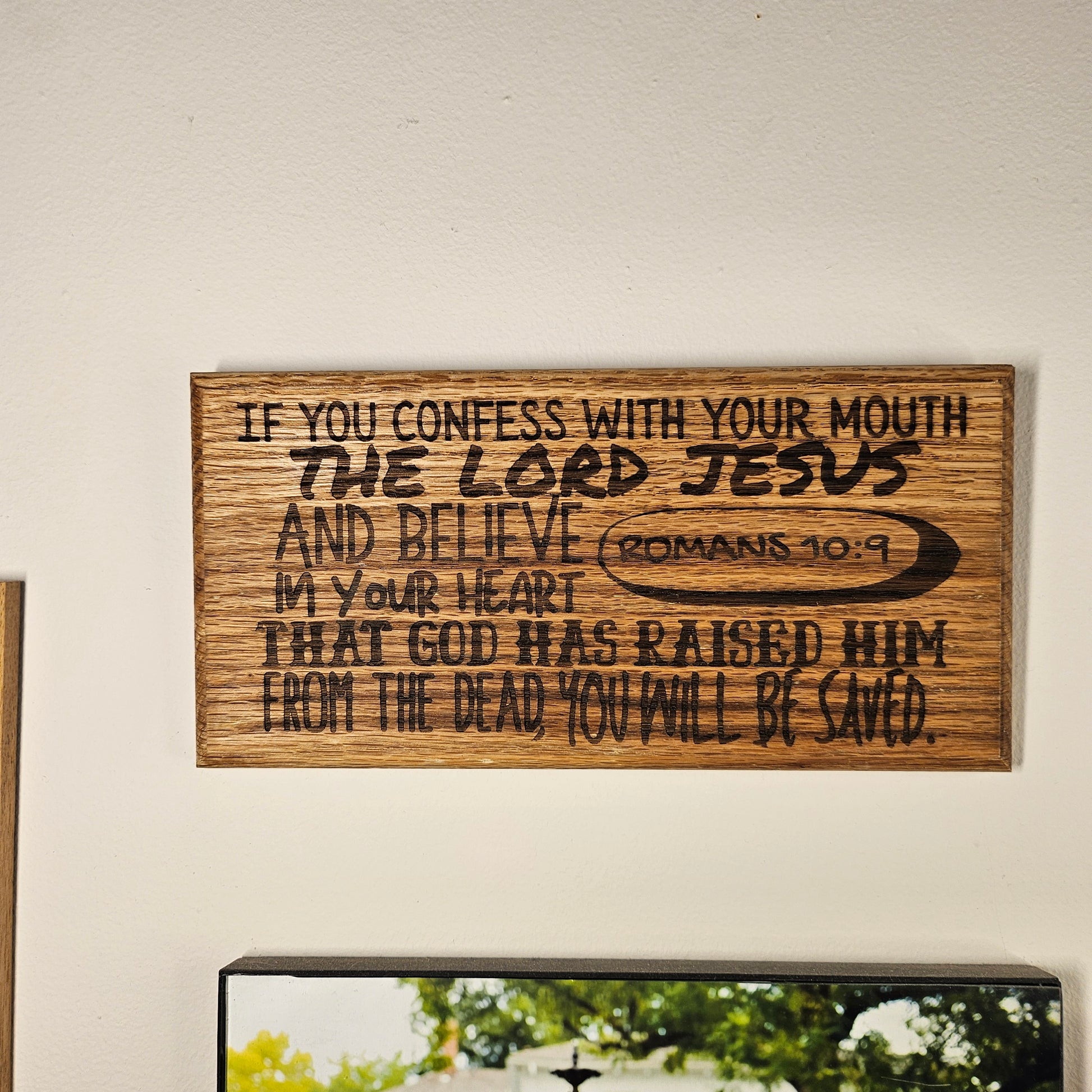 12 inch wood Slice of Scripture reclaimed pallet wood Bible verse wall art displaying Romans 10:9 - Christian decorative art home decor